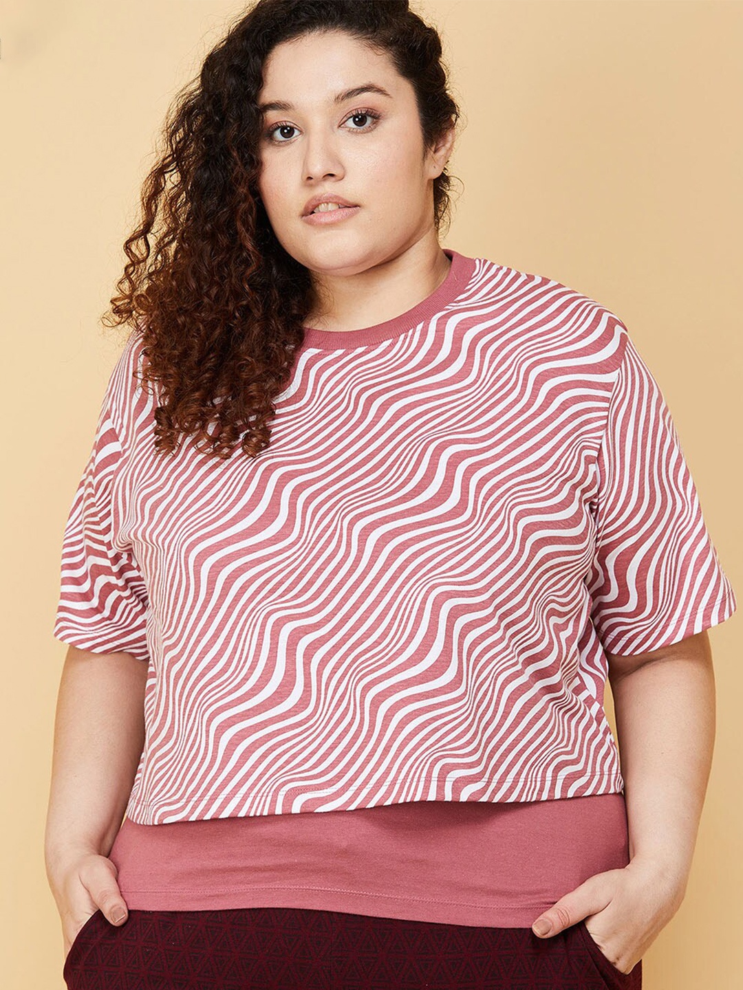 

max Plus Size Women Peach-Coloured Striped Pure Cotton T-shirt