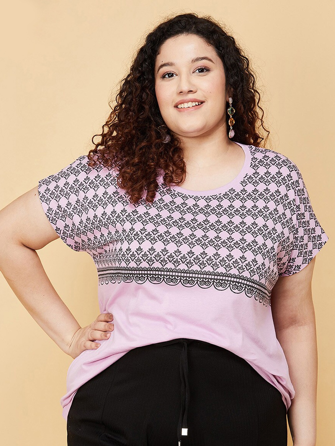 

max Women Plus Size Purple Printed Cotton T-shirt