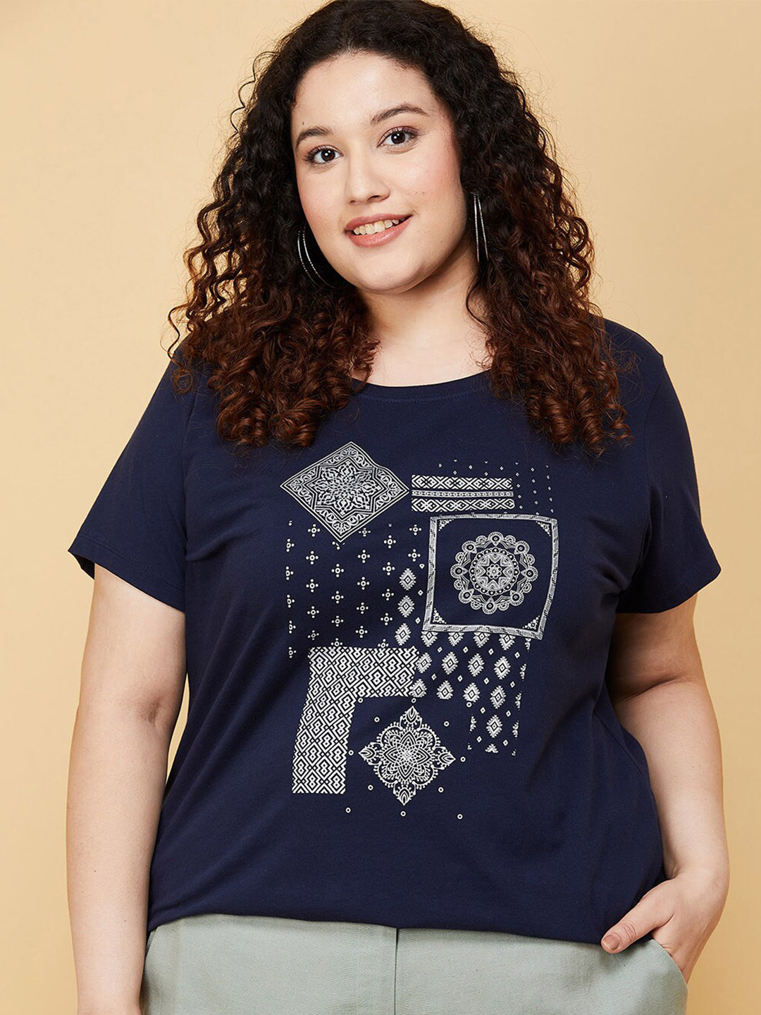 

max Women Plus Size Blue Printed Pure Cotton T-shirt