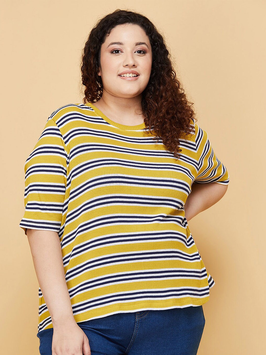 

max Women Plus Size Yellow & Blue Striped T-shirt