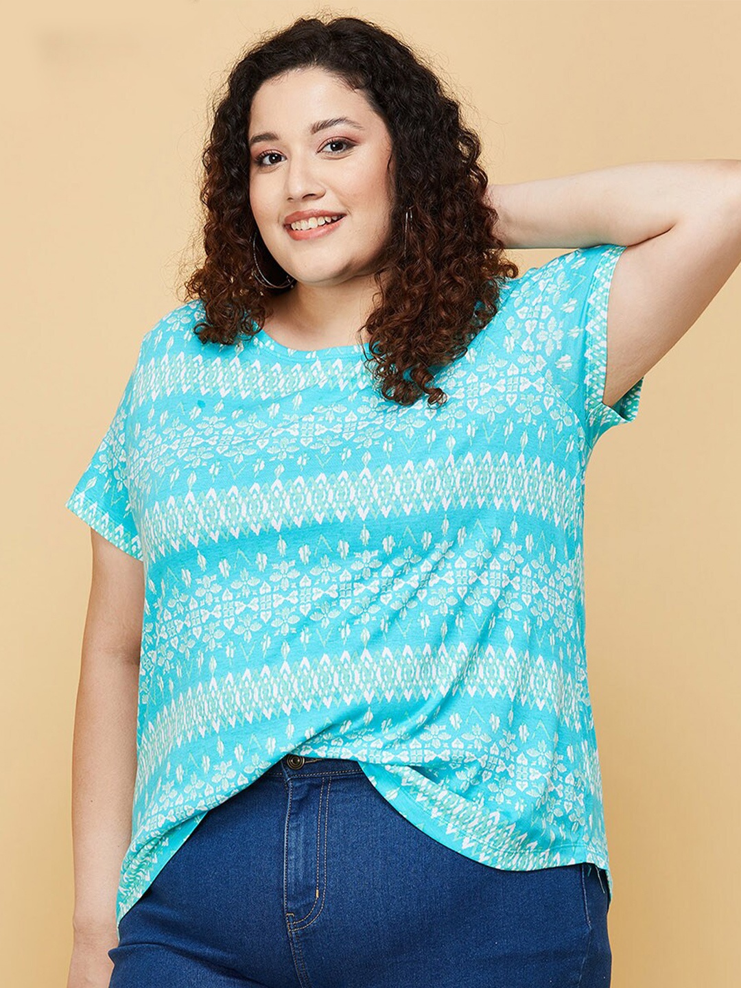 

max Women Plus Size Blue Printed Cotton T-shirt