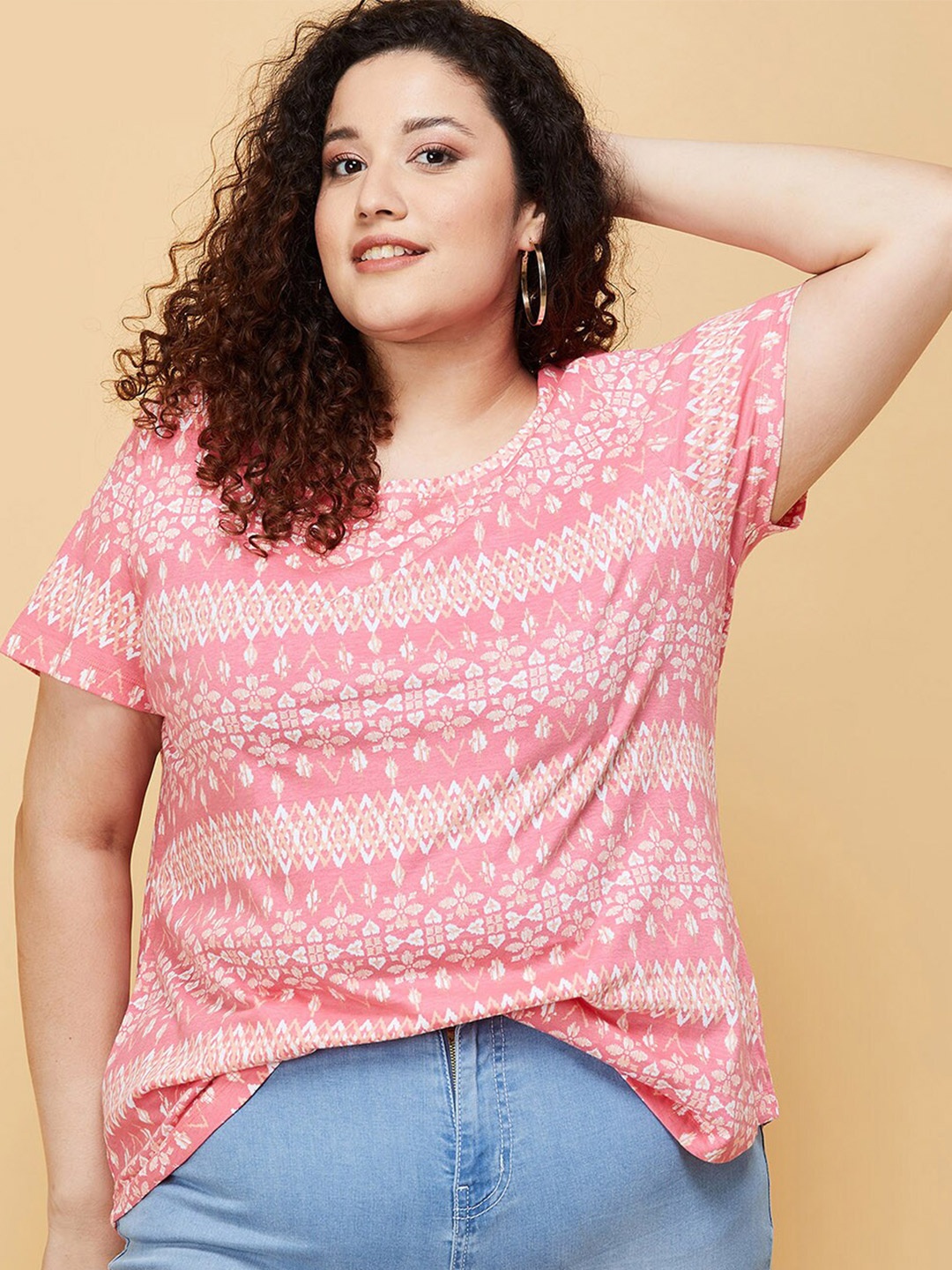 

max Women Plus Size Coral Printed Extended Sleeves T-shirt
