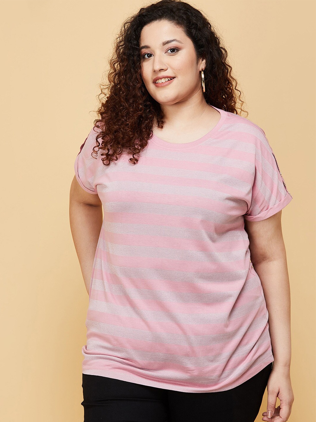 

max Women Plus Size Pink Raw Edge T-shirt