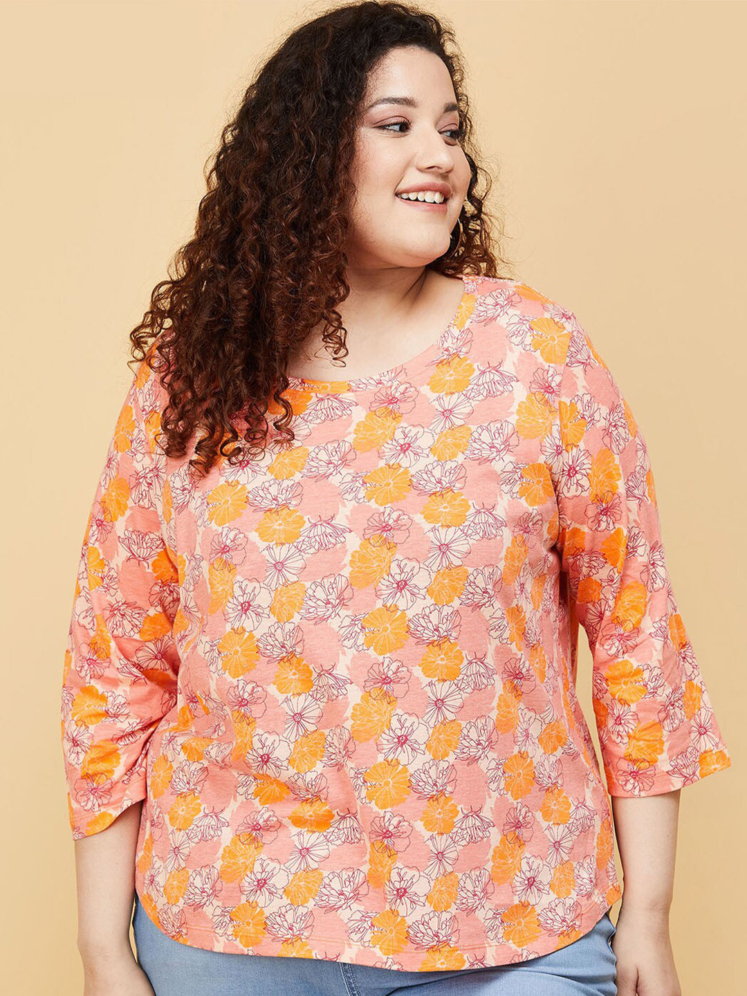

max Women Plus Size Orange Floral Printed T-shirt