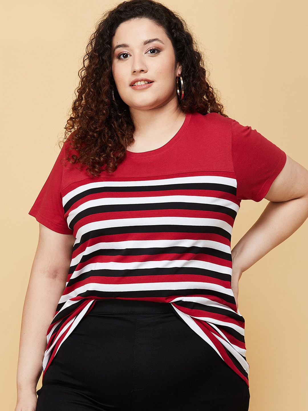 

max Women Plus Size Red Striped Pure Cotton T-shirt