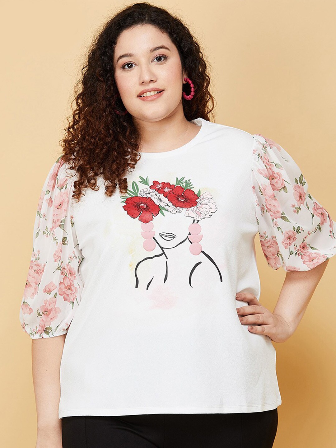 

max Women Plus Size Cream-Coloured Floral Print Top