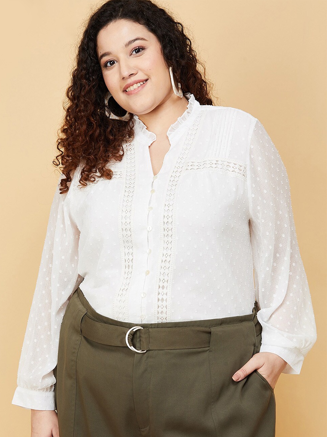 

max Women Plus Size Cream-Coloured Mandarin Collar Top
