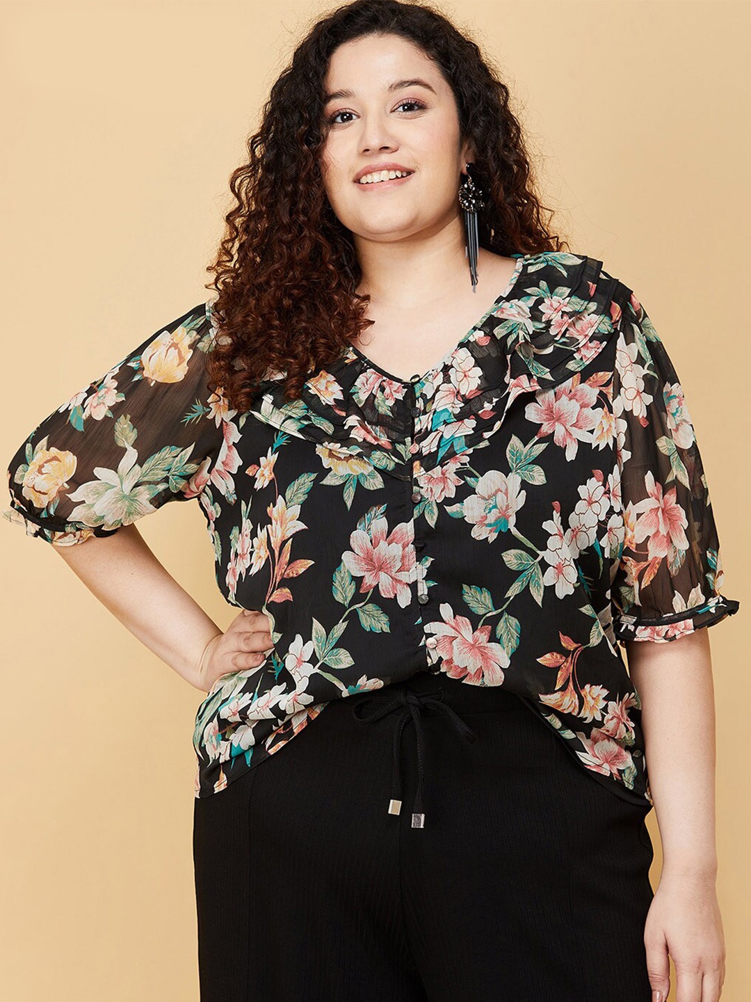 

max Women Plus Size Black Floral Print Top