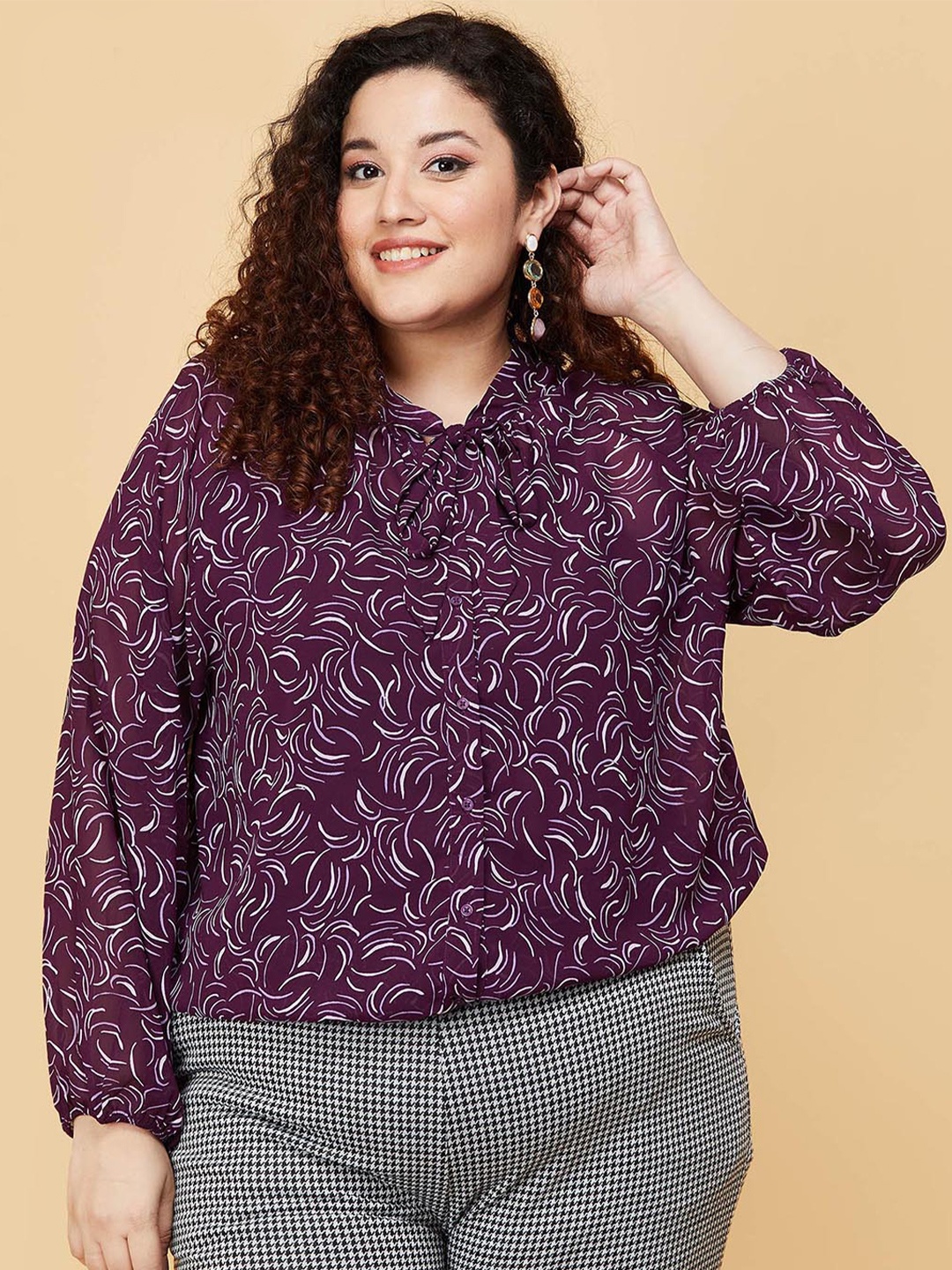 

max Women Plus Size Purple Print Tie-Up Neck Top