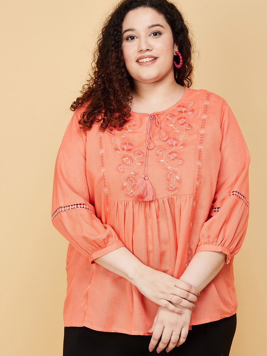 max Plus Size Coral Pink Embroidered Tie-Up Neck Top
