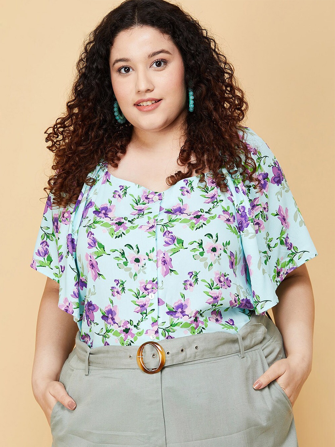 

max Women Plus Size Blue Floral Print Blouson Top