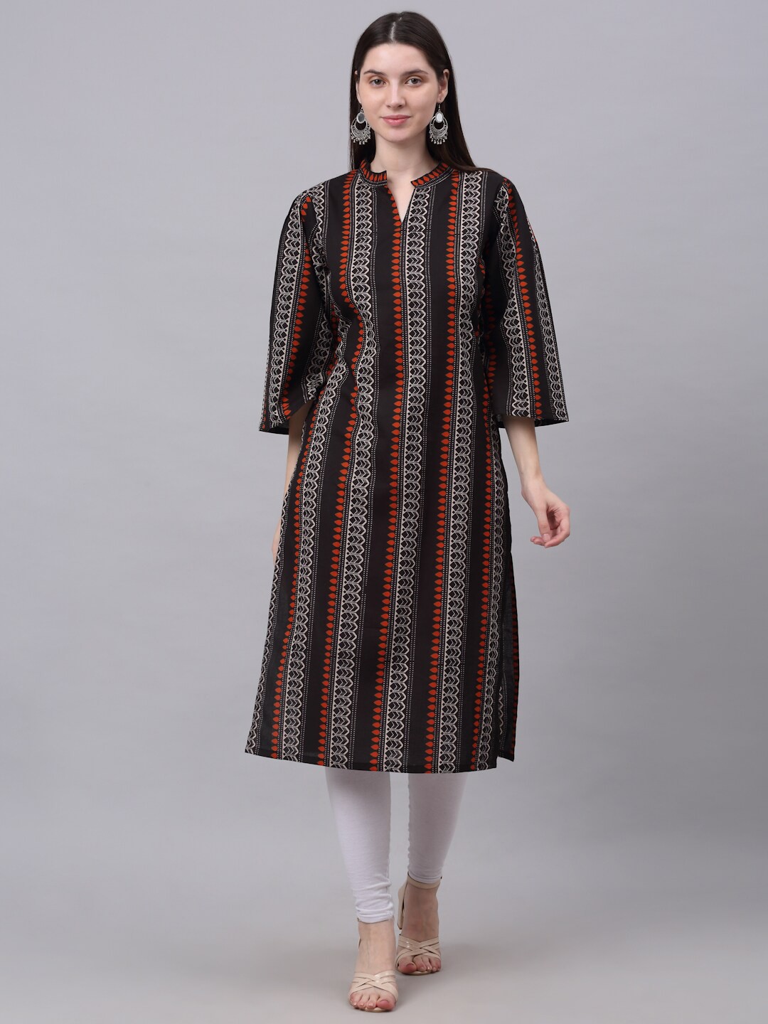 

KALINI Women Black Geometric Striped Cotton Straight Kurta