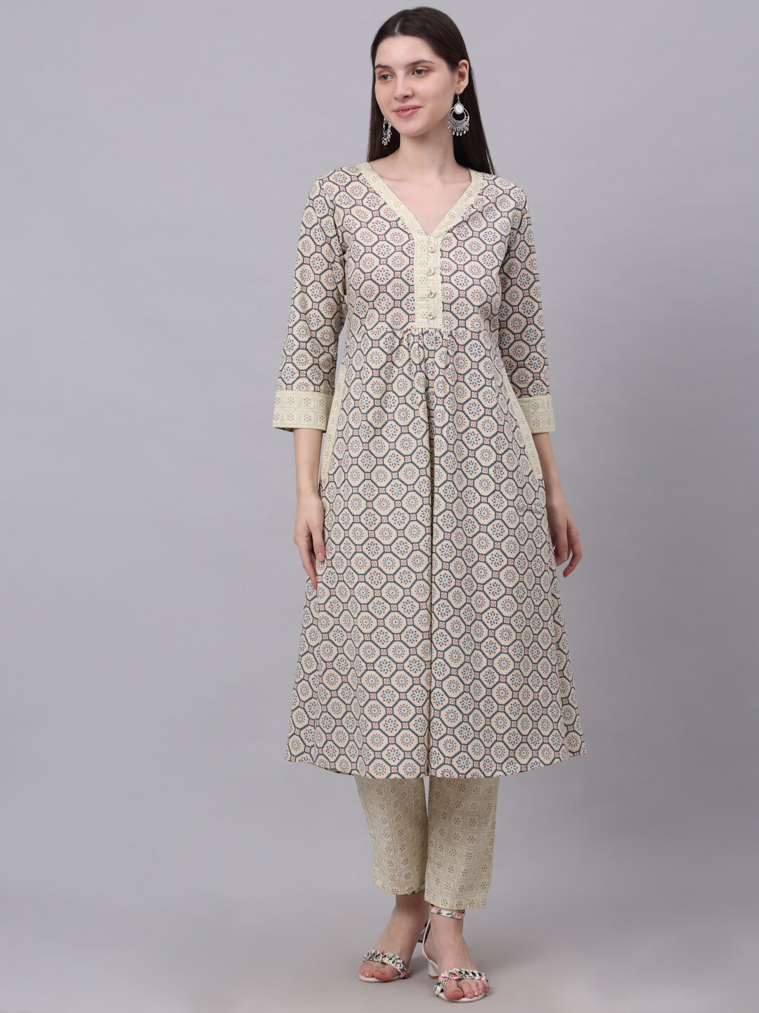 

KALINI Women Beige Ethnic Motifs Printed High Slit Pure Cotton Kurti with Trousers