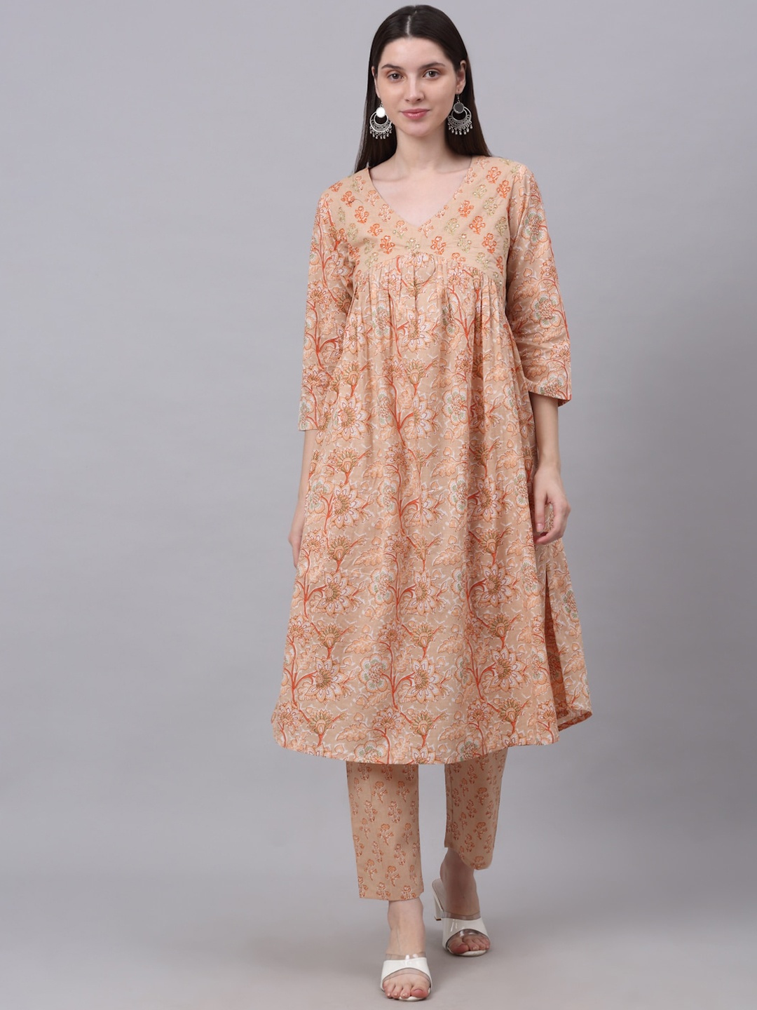 

KALINI Women Peach-Coloured Printed Pure Cotton Kurta with Trousers