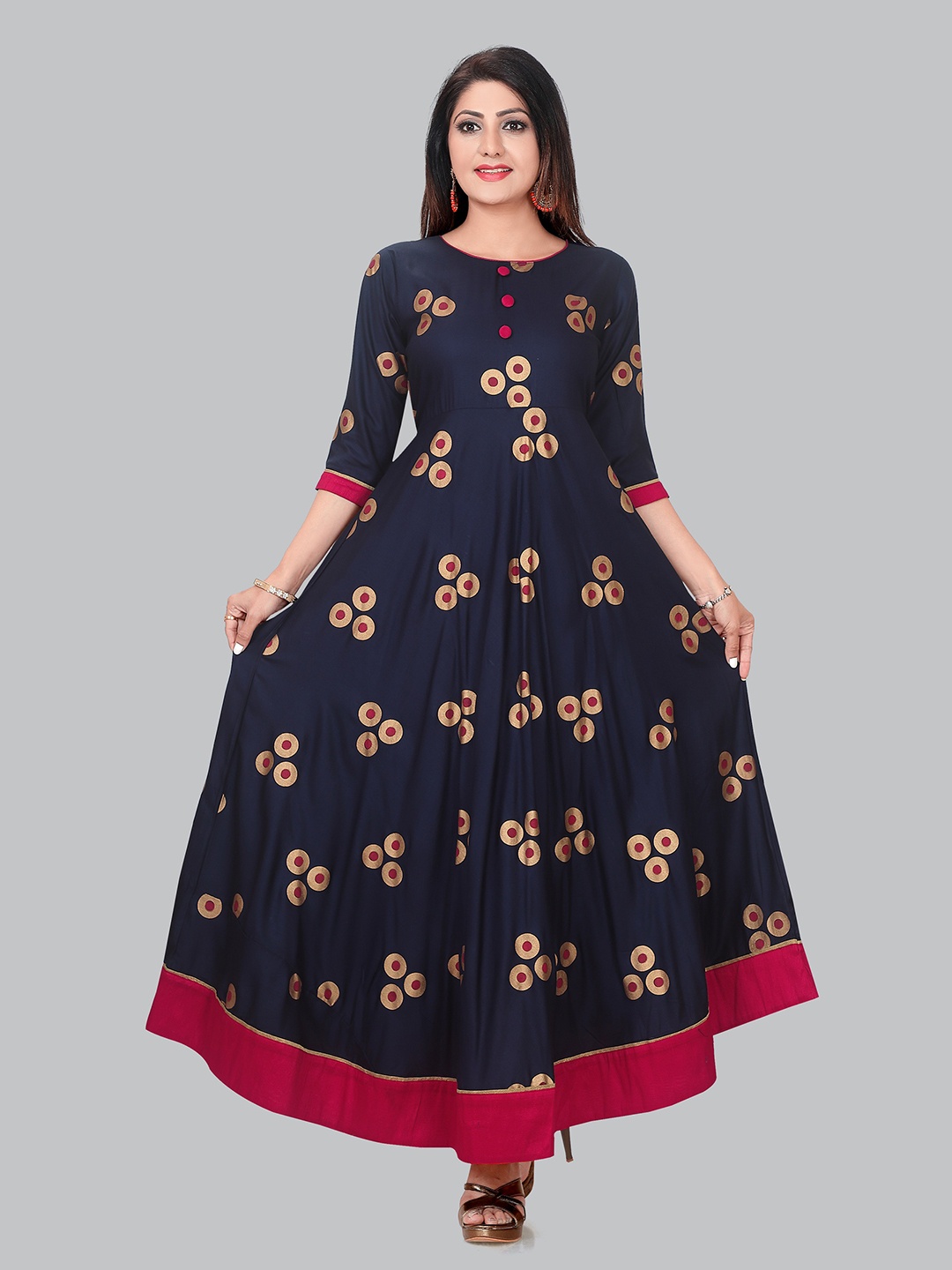 

Ayukti Women Navy Blue & Gold-Toned Printed Floral Anarkali Kurta