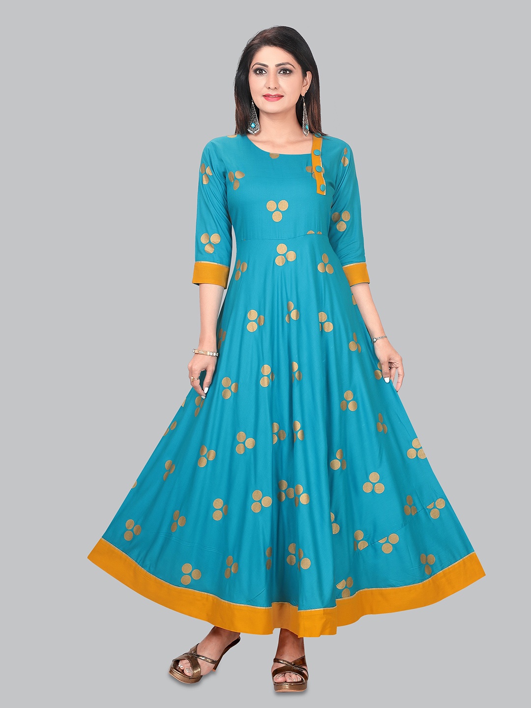 

Ayukti Women Teal & Gold-Toned Printed Anarkali Kurta