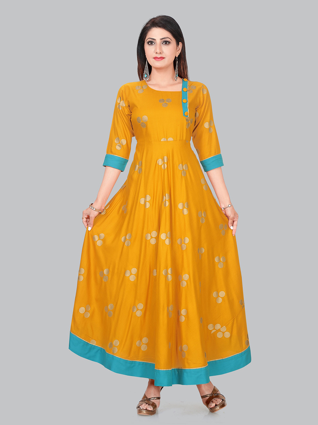 

Ayukti Mustard Yellow & Gold-Toned Ethnic Maxi Dress