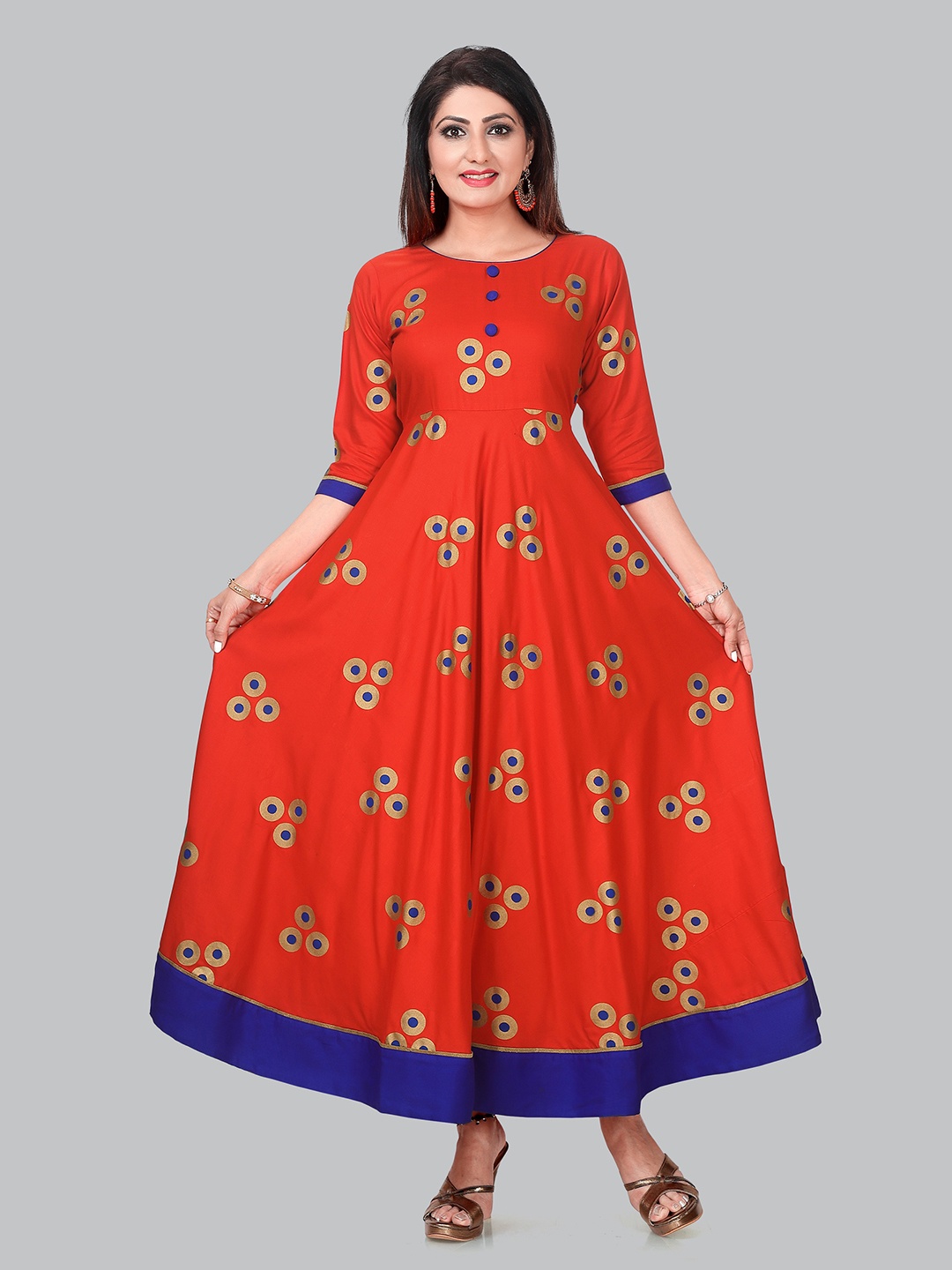 

Ayukti Women Red & Blue Geometric Printed Anarkali Kurta