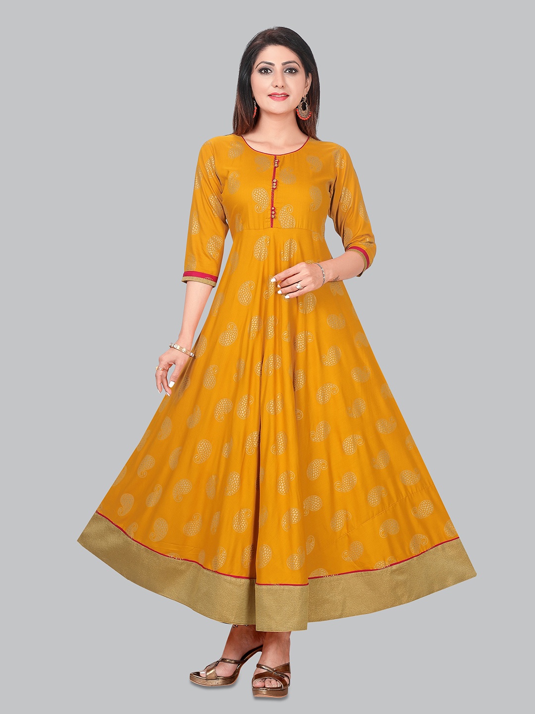 

Ayukti Women Yellow & Gold-Toned Ethnic Motifs Printed Anarkali Kurta