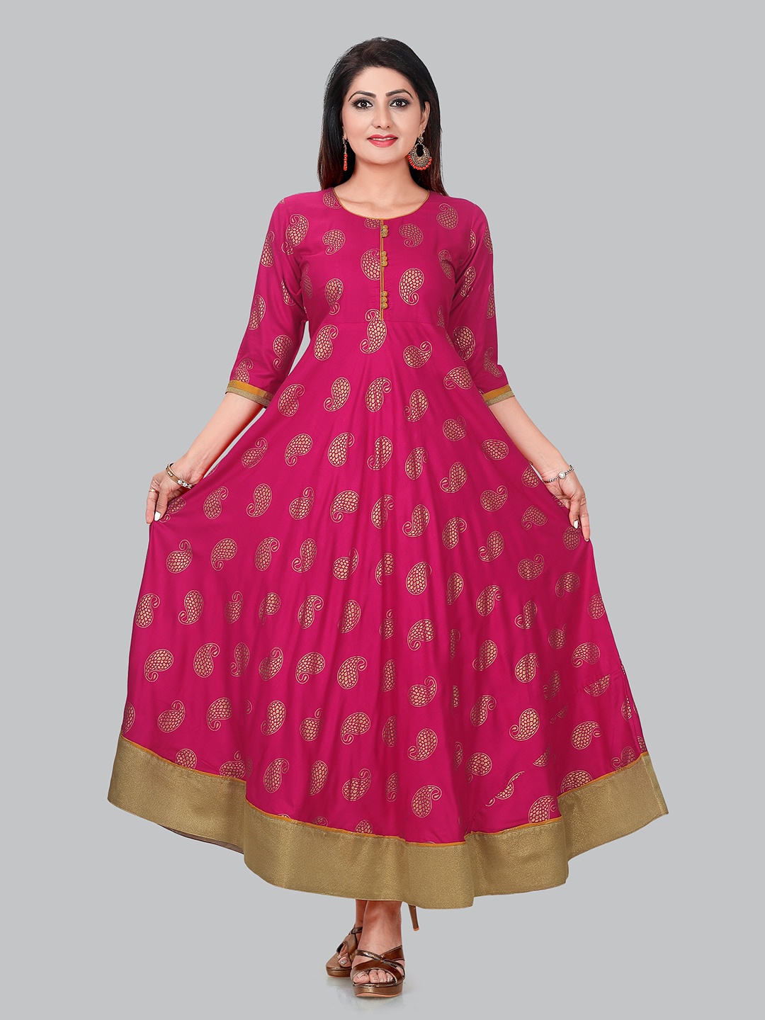 

Ayukti Magenta & Gold-Toned Ethnic Motifs Ethnic Maxi Dress