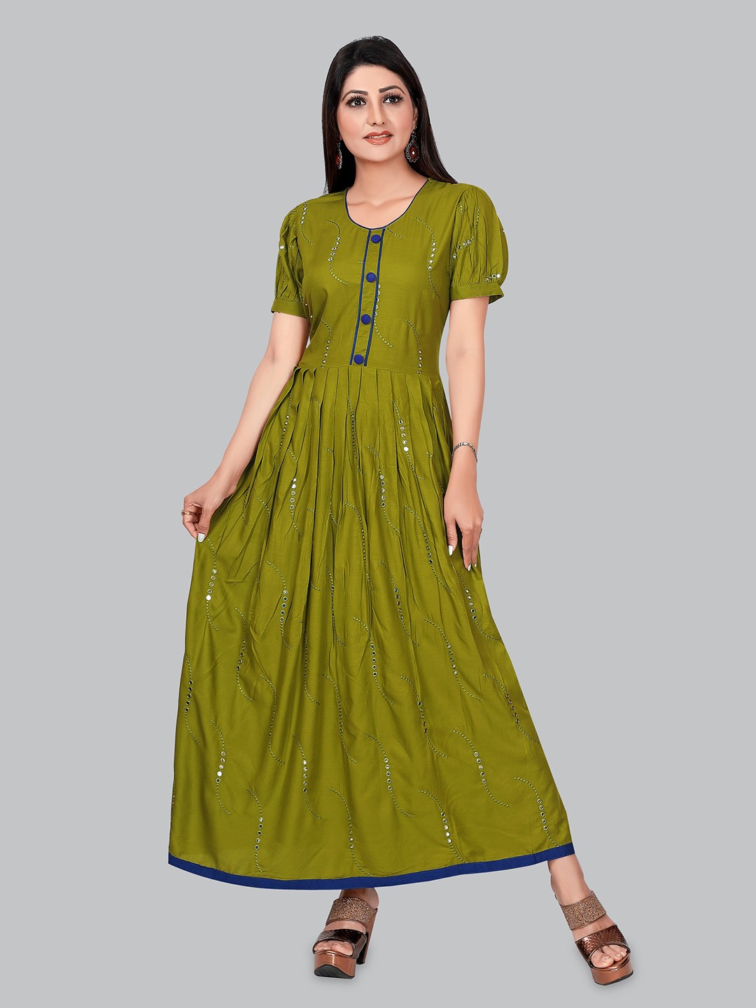 

Ayukti Olive Green Embellished Sequinned Pleated Anarkali Kurti