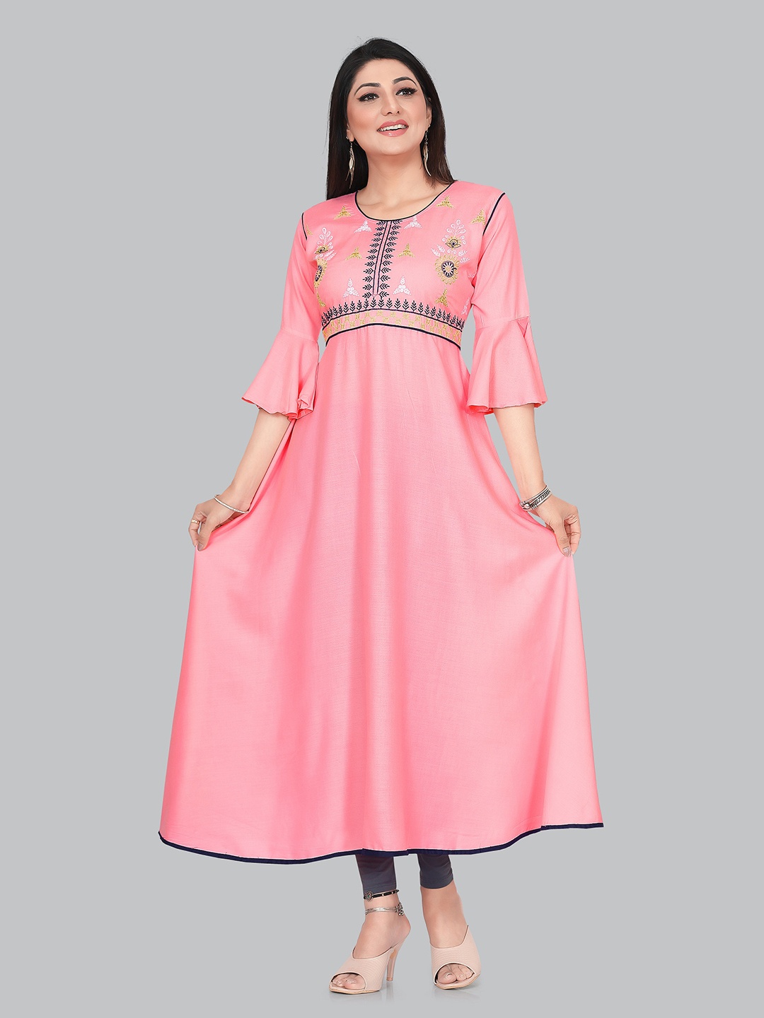 

Ayukti Women Pink & Blue Ethnic Motifs Printed Bell Sleeves Kurta