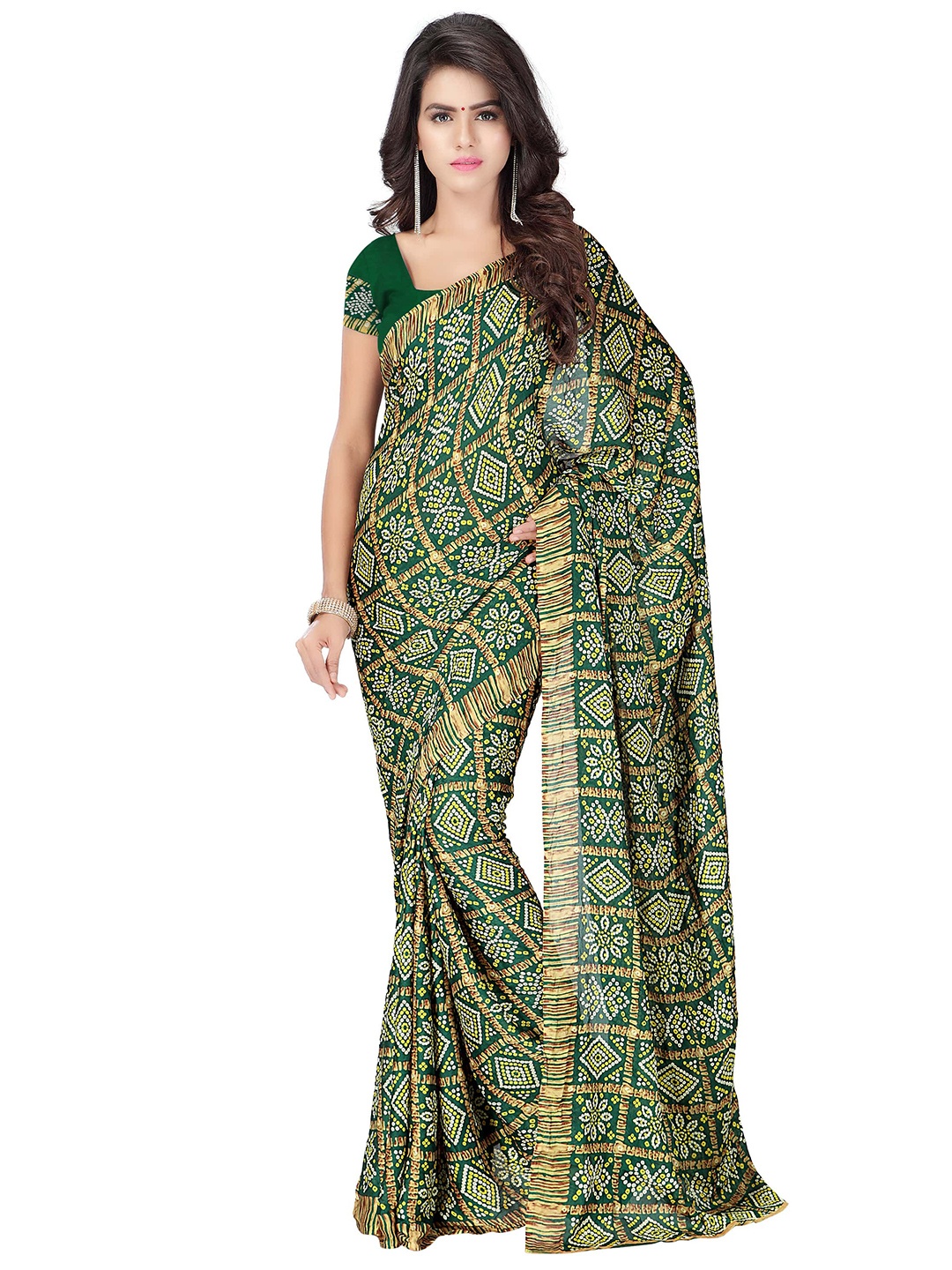 

MOKSHA DESIGNS Green & Gold-Toned Bandhani Pure Georgette Bandhani Saree