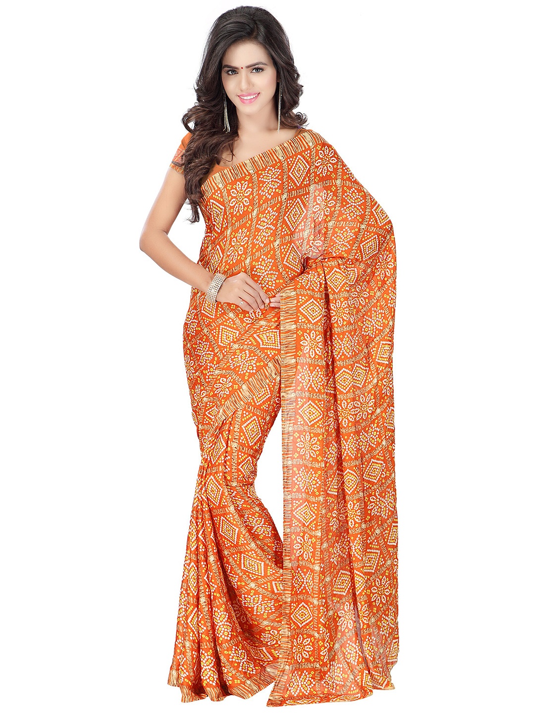 

MOKSHA DESIGNS Orange & White Bandhani Pure Georgette Bandhani Saree