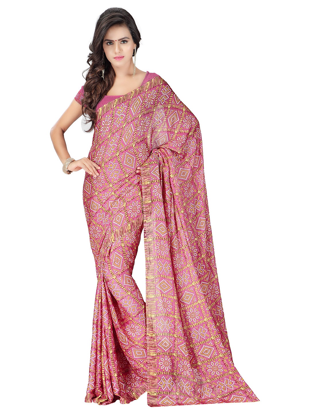 

MOKSHA DESIGNS Pink & White Bandhani Pure Georgette Bandhani Saree
