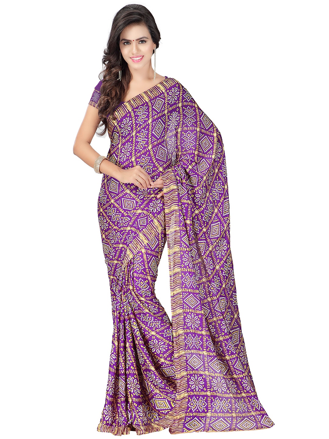 

MOKSHA DESIGNS Purple & Yellow Bandhani Pure Georgette Bandhani Saree