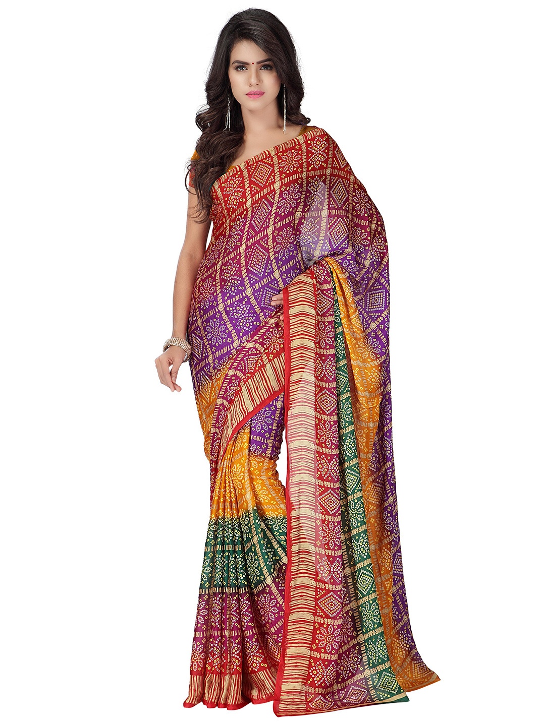

MOKSHA DESIGNS Green & Yellow Bandhani Pure Georgette Bandhani Saree