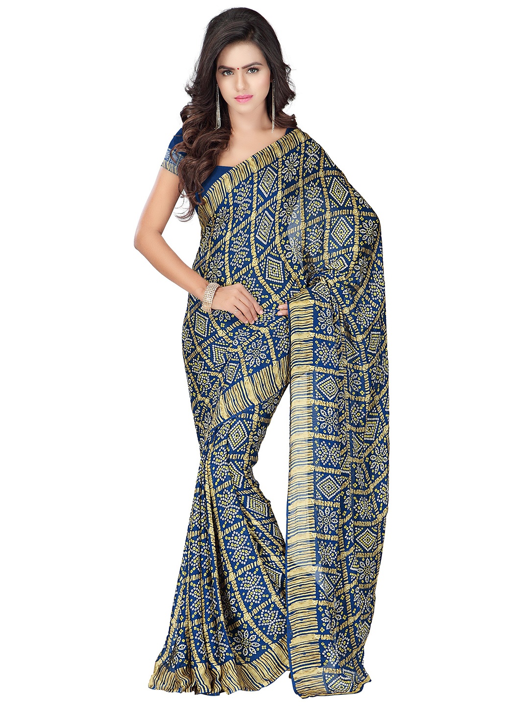 

MOKSHA DESIGNS Navy Blue & Gold-Toned Bandhani Pure Georgette Bandhani Saree