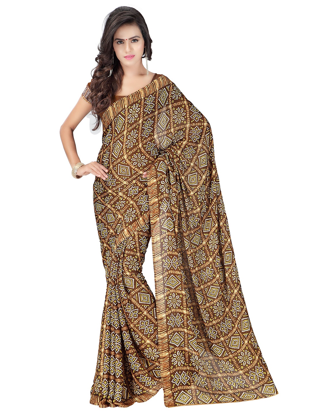 

MOKSHA DESIGNS Brown & White Bandhani Pure Georgette Bandhani Saree
