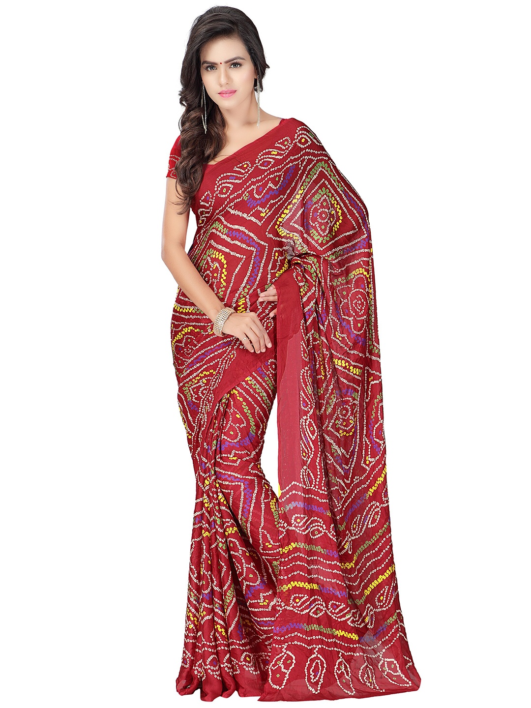 

MOKSHA DESIGNS Maroon & White Bandhani Pure Georgette Bandhani Saree