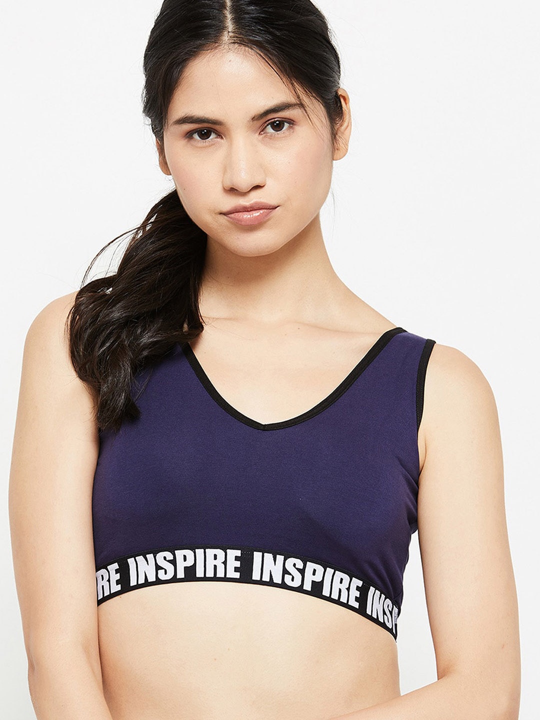 

max Navy Blue & White Typography Workout Bra Lightly Padded