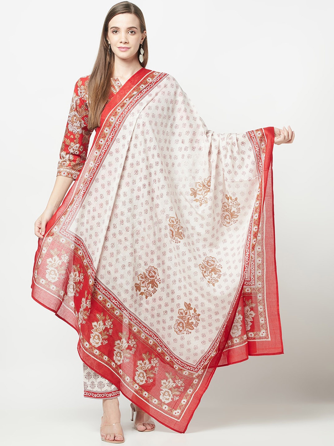 

ERISHA Women Red Floral Printed Pure Cotton Kurta with Trousers & Dupatta