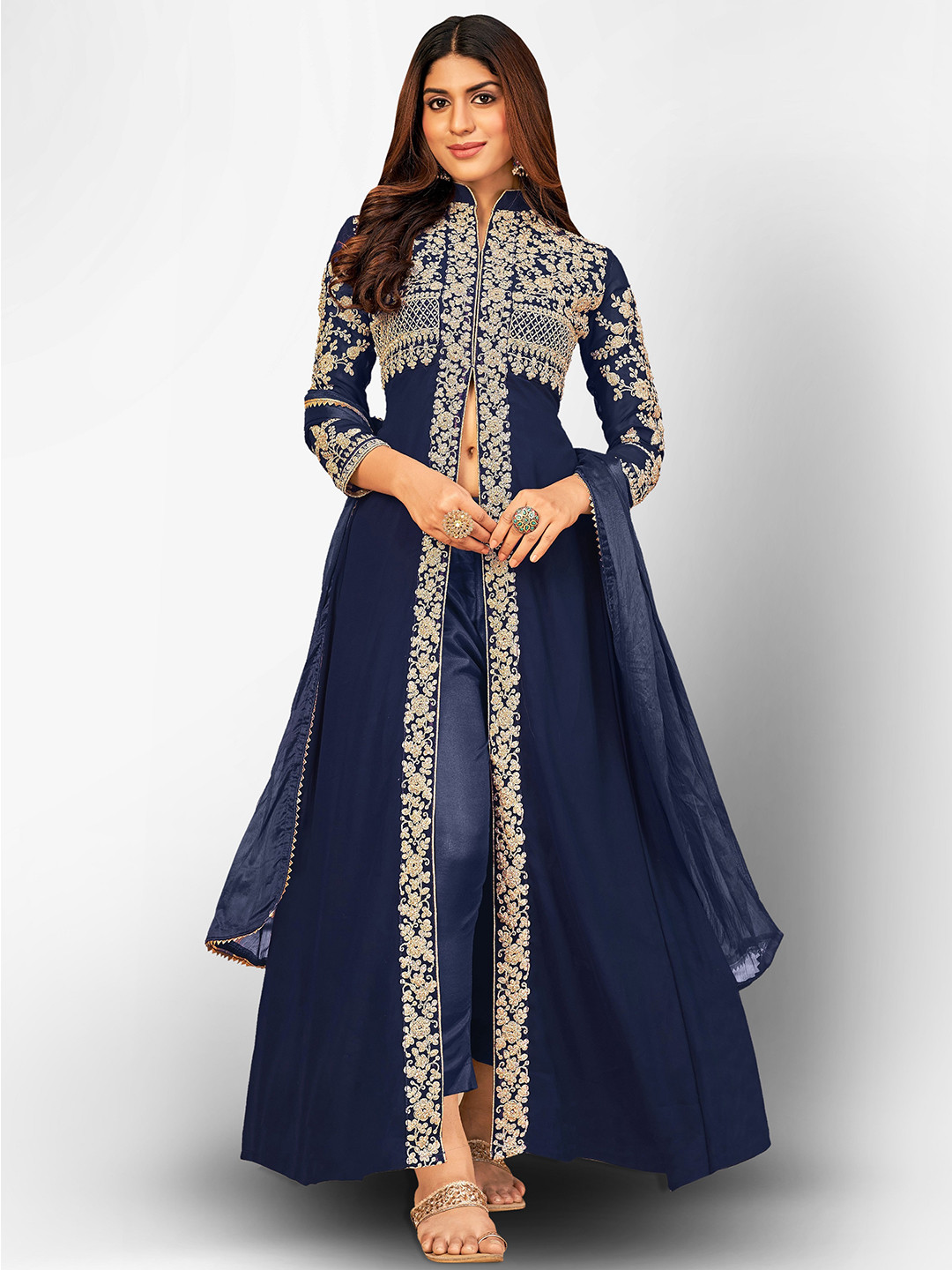 

Divine International Trading Co Blue & Gold-Toned Embroidered Unstitched Dress Material