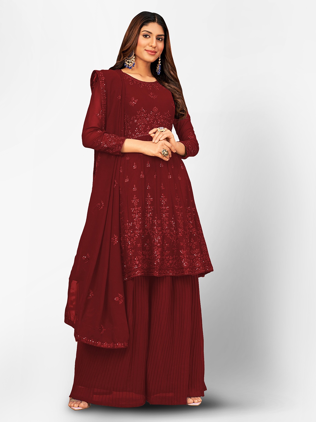 

Divine International Trading Co Maroon Embroidered Unstitched Dress Material