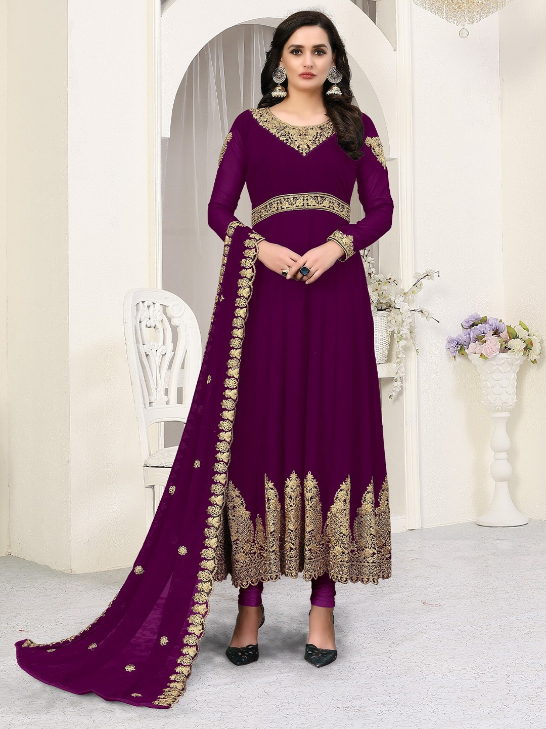 

Divine International Trading Co Purple & Gold-Toned Embroidered Unstitched Dress Material