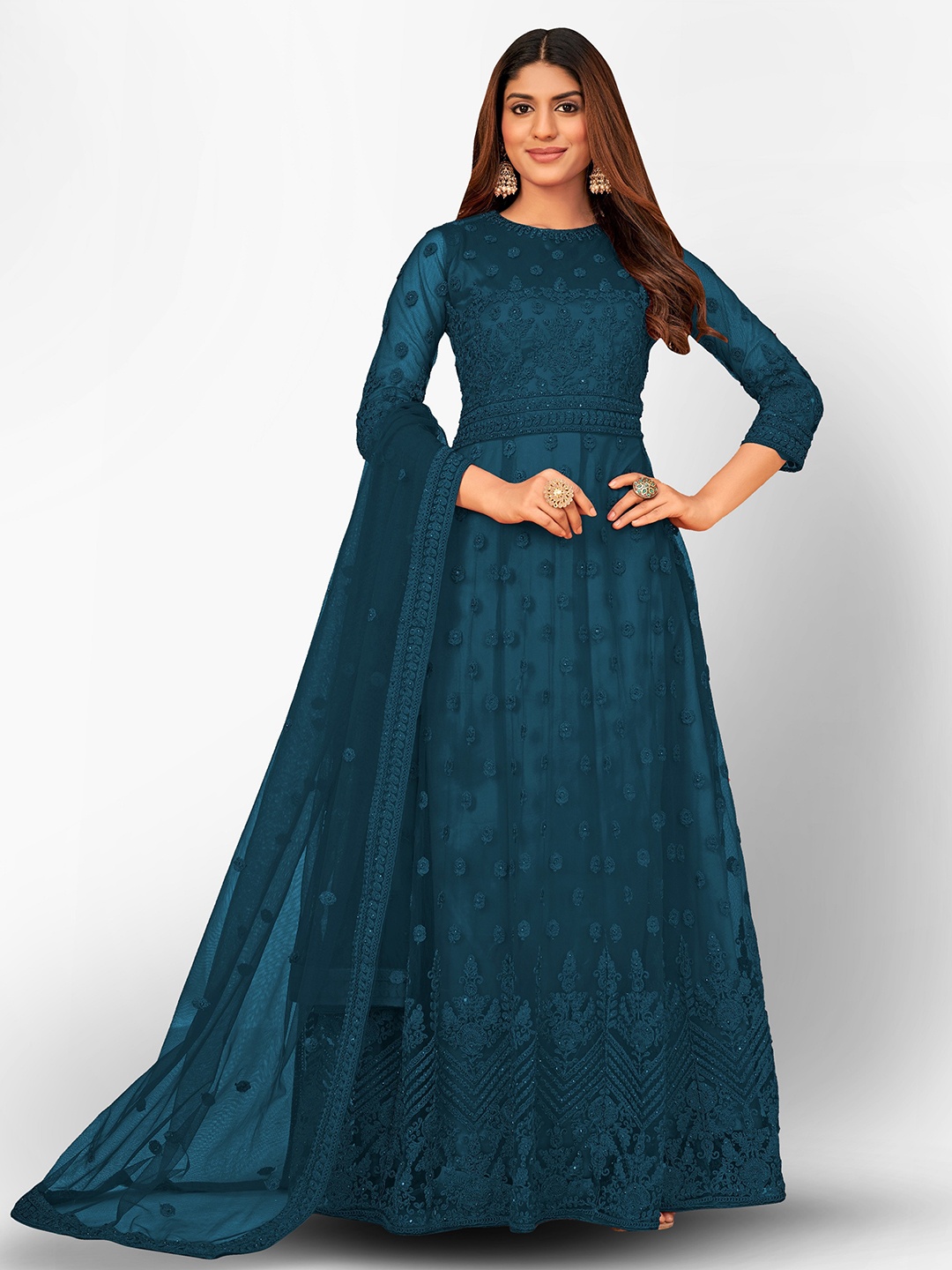 

Divine International Trading Co Turquoise Blue Embroidered Unstitched Dress Material