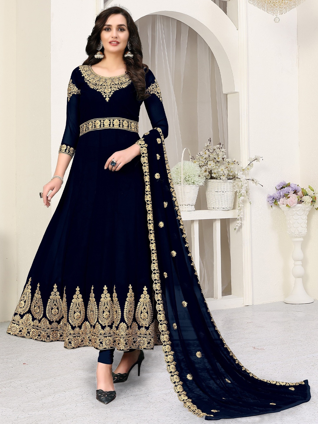 

Divine International Trading Co Blue & Gold-Toned Embroidered Unstitched Dress Material