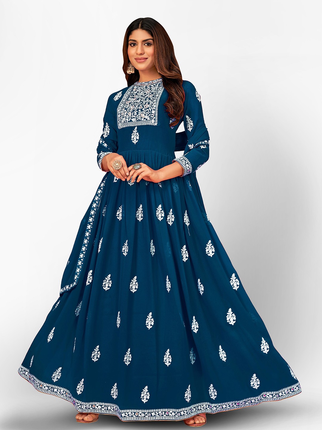 

Divine International Trading Co Turquoise Blue & White Embroidered Unstitched Dress Material
