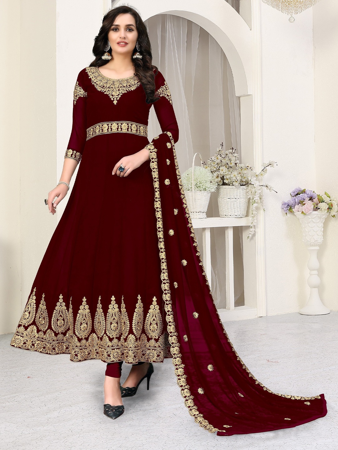 

Divine International Trading Co Maroon & Gold-Toned Embroidered Unstitched Dress Material