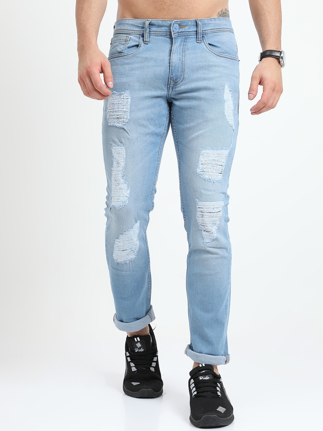 

Old Grey Men Blue Jean Slim Fit Mildly Distressed Heavy Fade Jeans