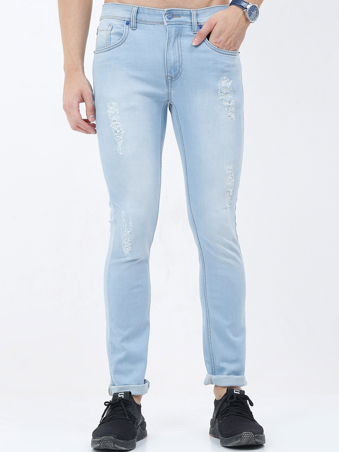 

Old Grey Men Slim Fit Mildly Distressed Heavy Fade Stretchable Jeans, Blue