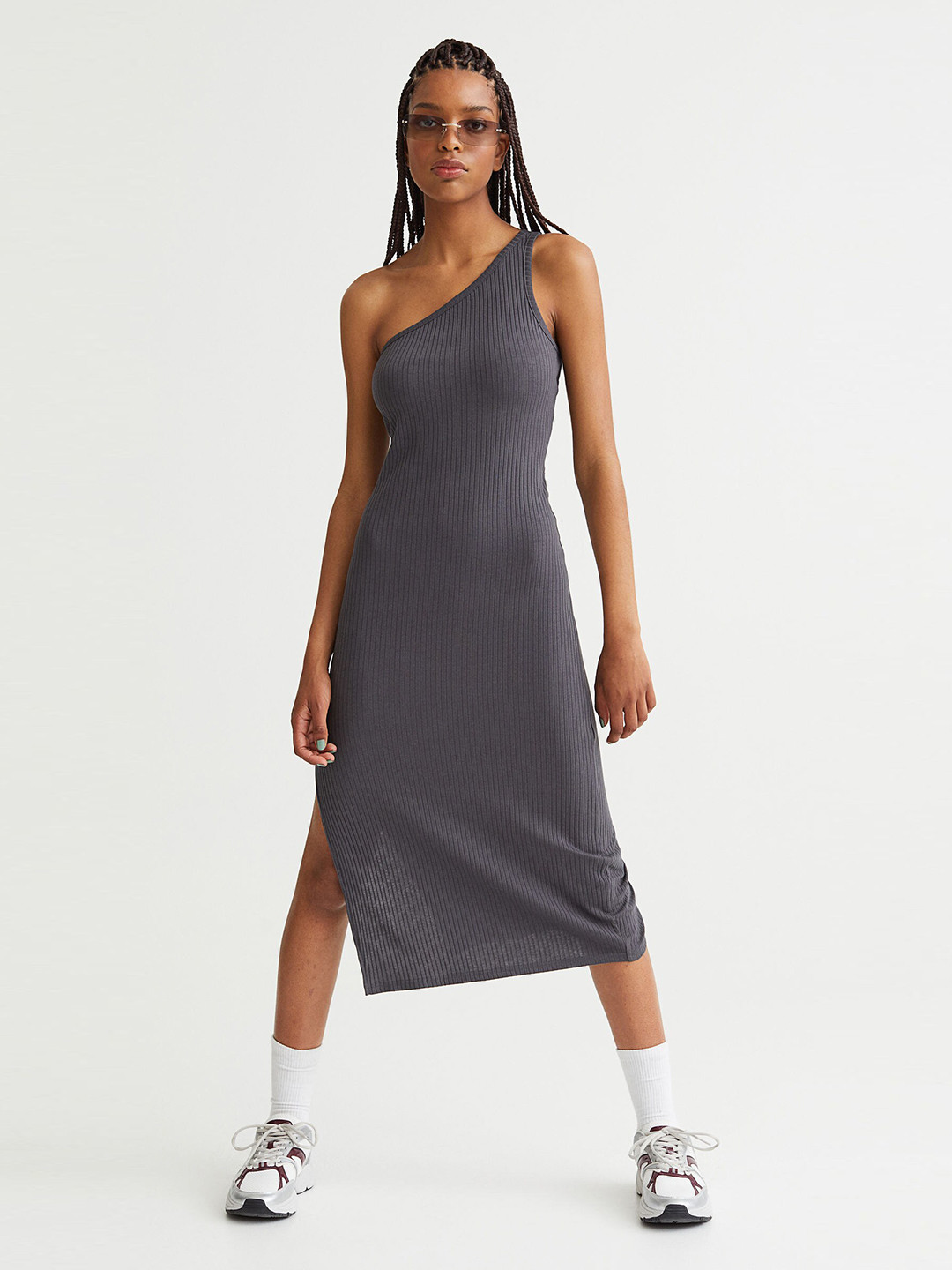 

H&M Grey Ribbed One-Shoulder Dress