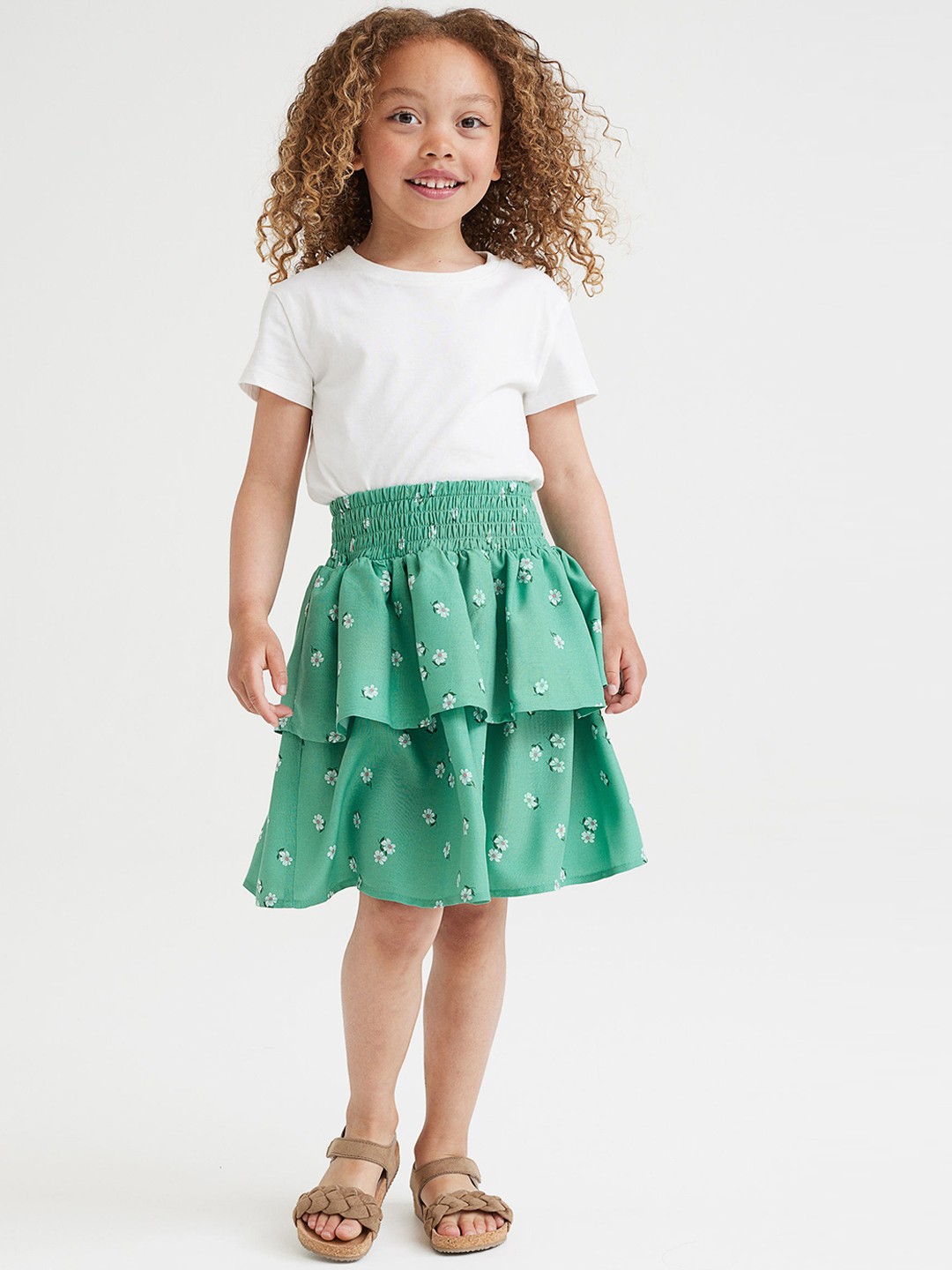 

H&M Girls Green Printed Tiered Skirt