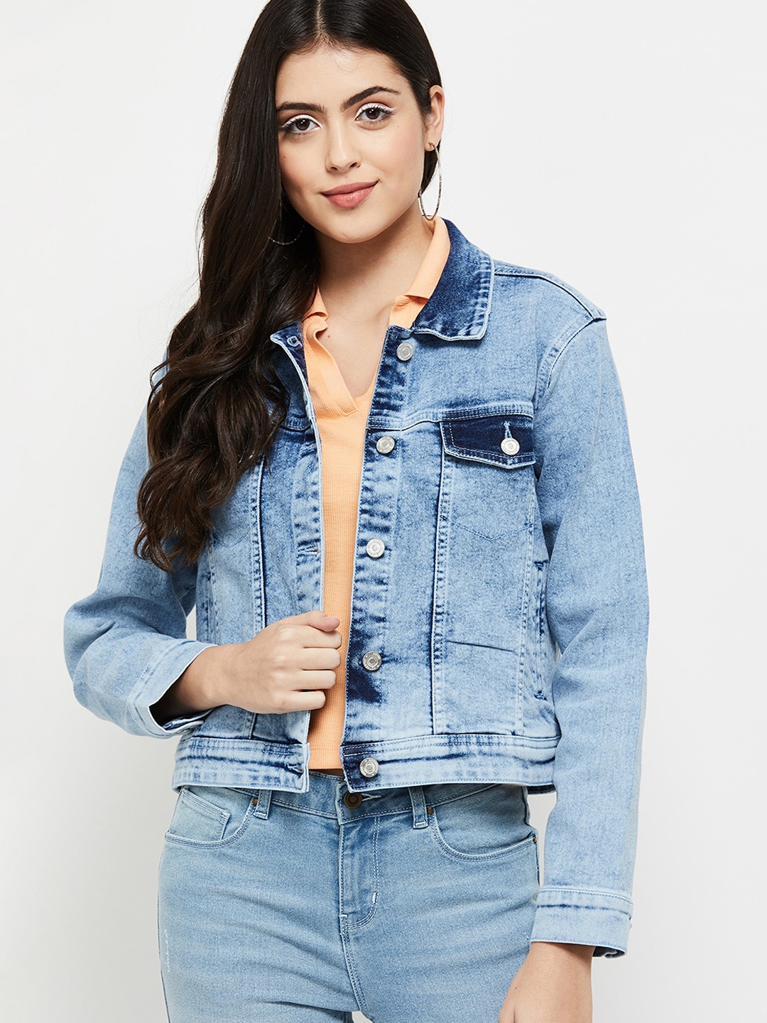 

max Women Blue Washed Windcheater Crop Denim Jacket