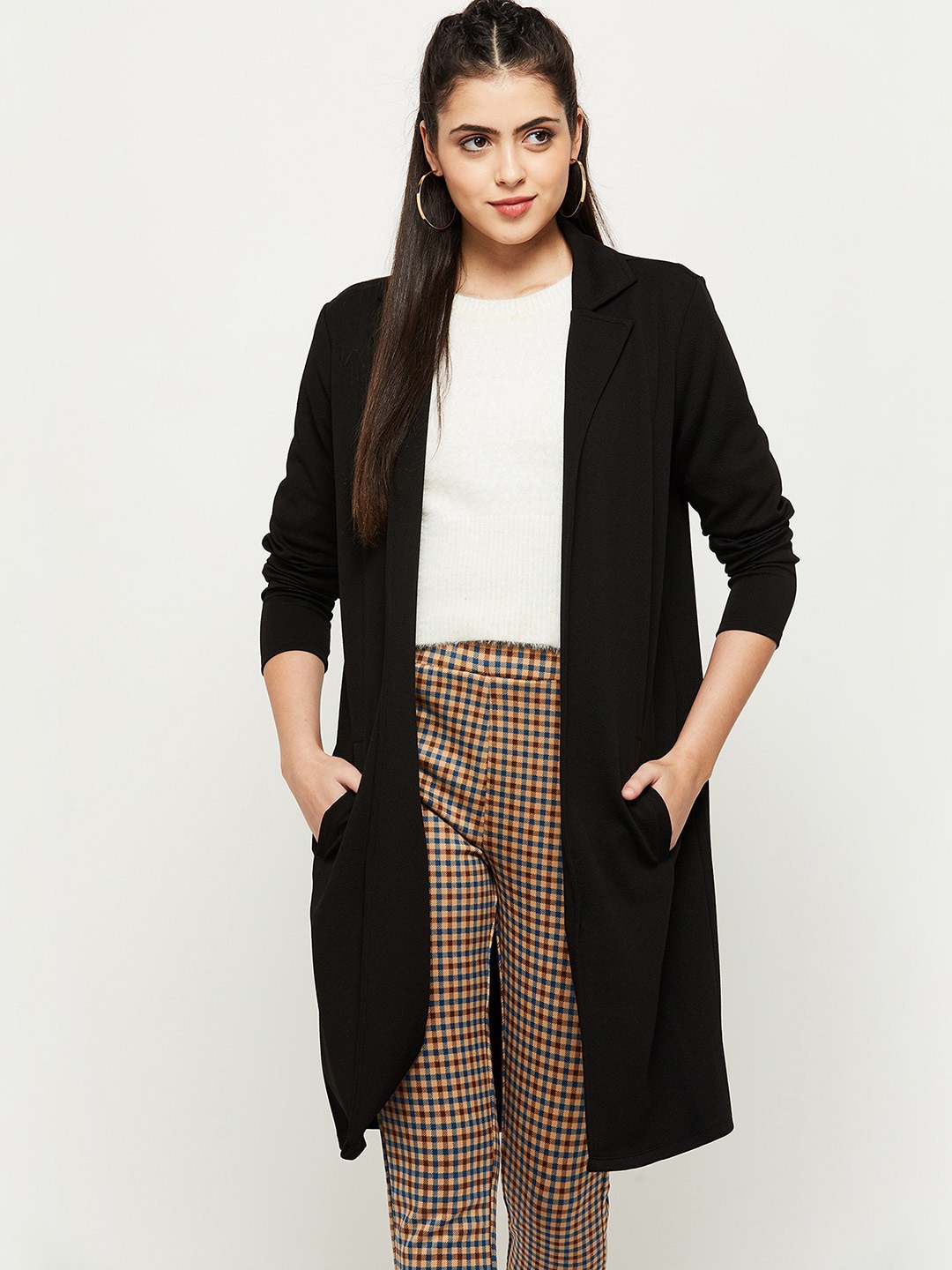 

max Women Black Windcheater Longline Open Front Jacket