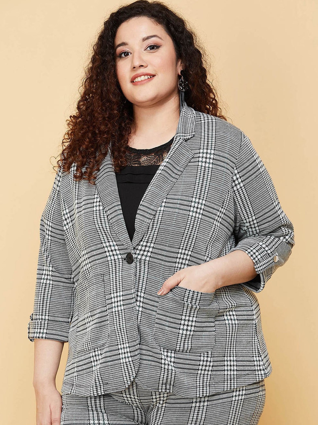 

max Women Plus Size Cream-Coloured Checked Windcheater Longline Tailored Jacket